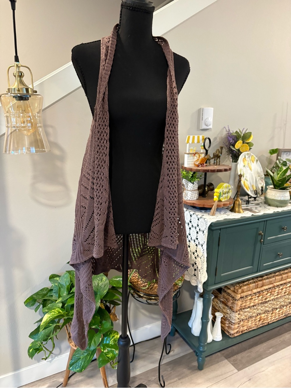 Maurices Taupe Crochet Open-Front Drape Vest